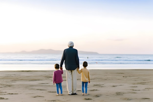 Abuelo caminando junto con sus nietos en la playa Concepto de feliz día del abuelo día de los abuelos