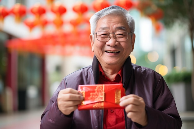 abuelo chino con traje tradicional y con fondo de estilo aungpao bokeh