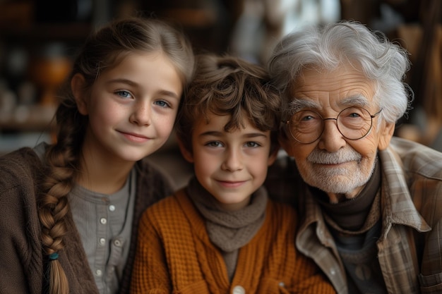 Un abuelo conmovedor y sus nietos sonriendo juntos en un acogedor hogar rústico