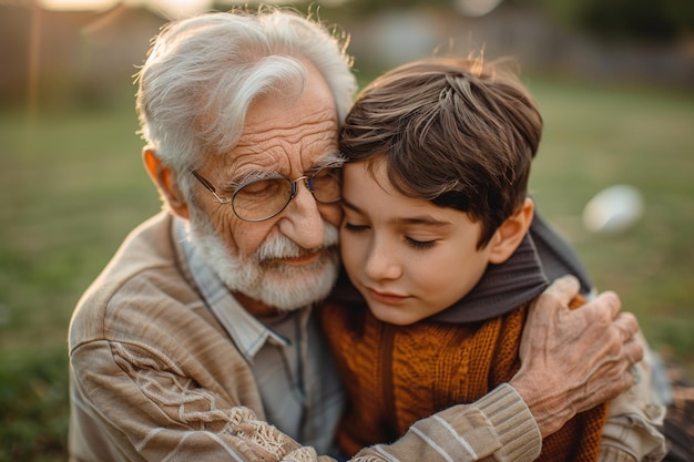 El abuelo consuela a su nieto con un abrazo.