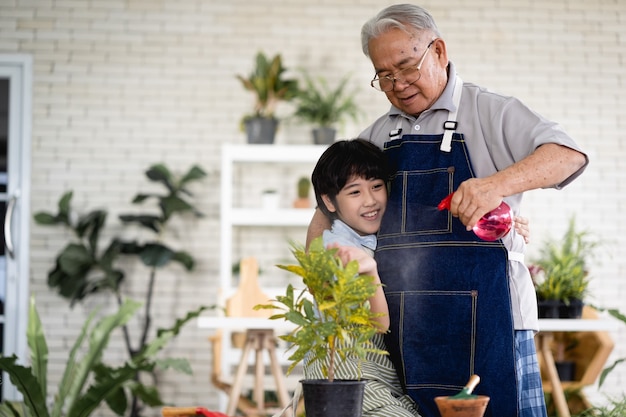 Abuelo cultivando un huerto y enseñando a su nieto cuidar la planta en el interior