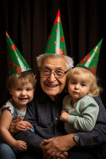 Abuelo disfrutando de la Navidad con sus nietos en casa