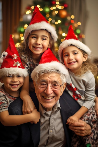 Abuelo disfrutando de la Navidad con sus nietos en casa