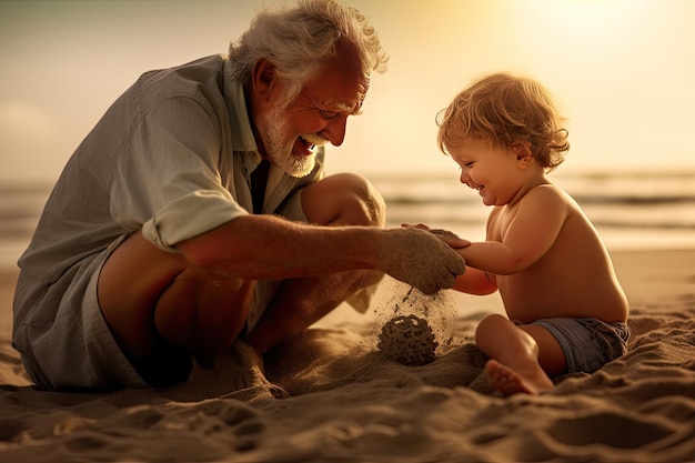 El abuelo feliz jugando con el nieto en la playa Genera Ai