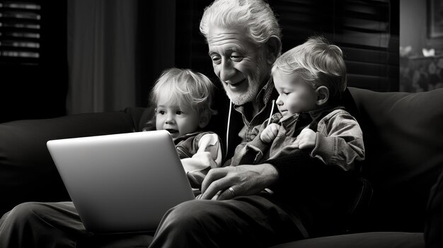 Un abuelo feliz y un nieto lindo riendo disfrutando usando una computadora portátil juntos creados con tecnología de IA generativa