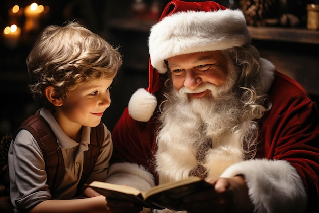El abuelo hombre disfrazado de Papá Noel le lee un libro a un nieto niño en el sofá de casa