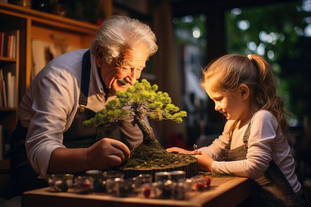 El abuelo jubilado usa tijeras para decorar las ramas de un nuevo árbol bonsai enseñando al nieto A.