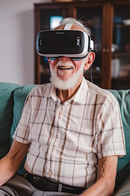 Abuelo jugando emocionantes videojuegos usando auriculares de realidad virtual en casa