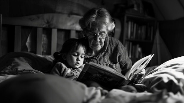 Un abuelo leyendo un cuento antes de acostarse a su nieto en la cama