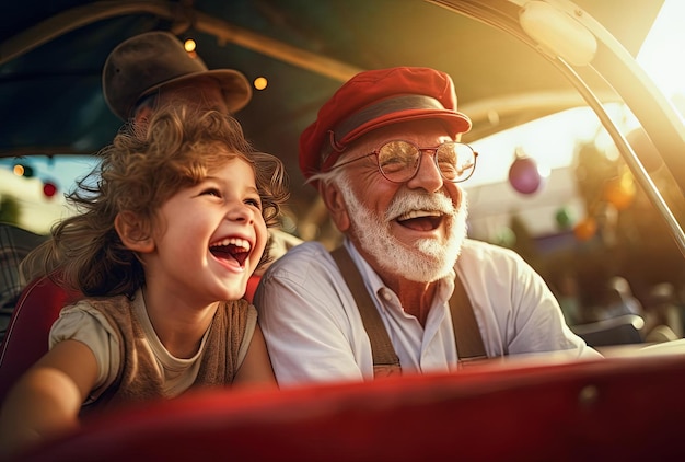 abuelo mayor nieto joven conduciendo un coche antiguo en un parque de atracciones americano