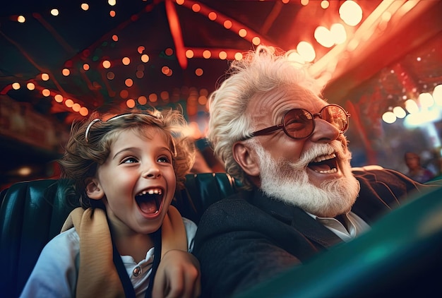 abuelo mayor nieto joven conduciendo un coche antiguo en un parque de atracciones americano