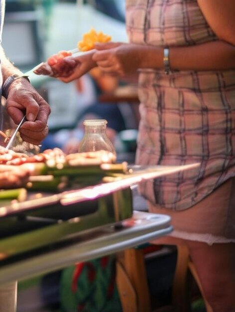 Foto abuelo mirando una barbacoa mientras está de vacaciones en una furgoneta