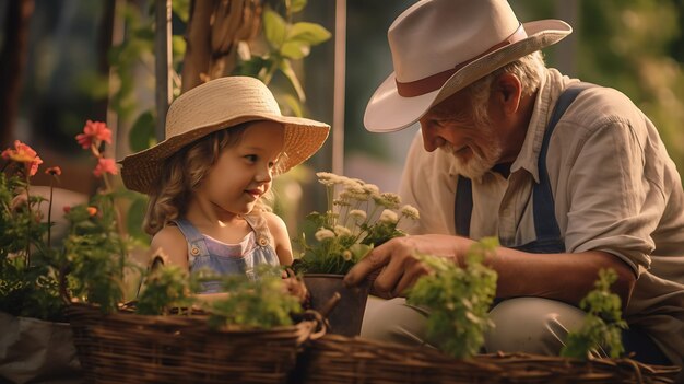 El abuelo le muestra a su nieta cómo cuidar el jardín y las plantasCreado con tecnología de IA generativa