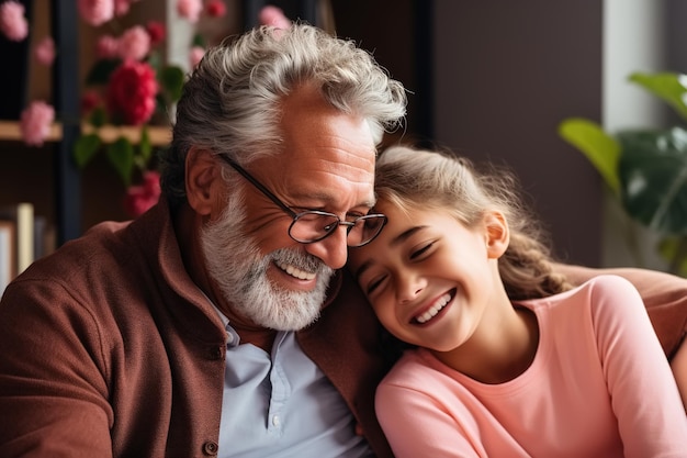 Un abuelo y una nieta felices abrazándose en el sofá en el interior riendo un abuelo caucásico alegre y una niña sonriente concepto familiar