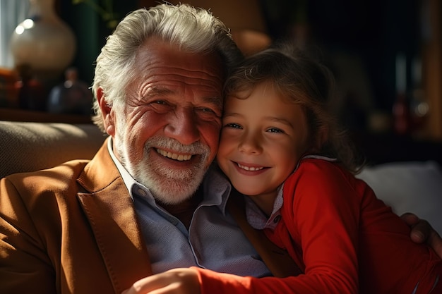 Abuelo y nieta felices niña pequeña abrazándose riendo alegre abuelo caucásico sentado en el sofá en la habitación y mirando a la cámara concepto de retrato familiar