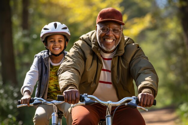 Un abuelo y un nieto africanos estadounidenses andan en bicicleta en un parque verde.