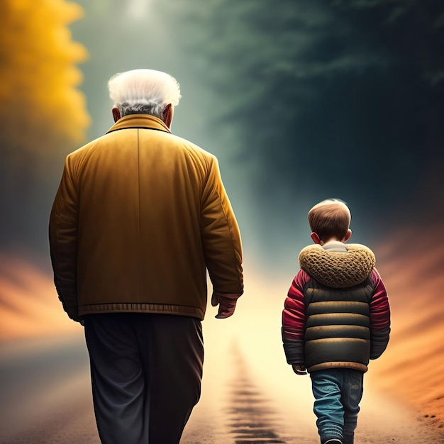 Un abuelo y un nieto caminando por una calle.