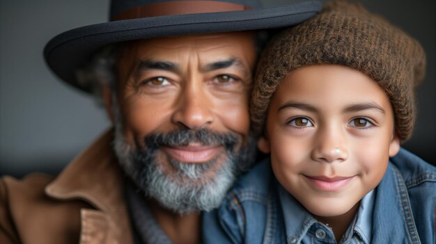 El abuelo y el nieto compartiendo una cálida sonrisa en sombreros elegantes