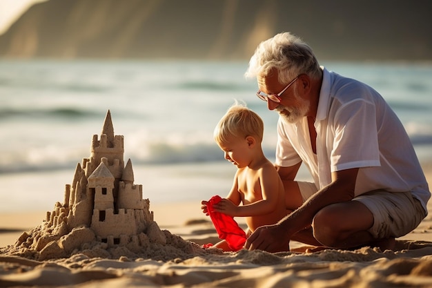 Abuelo y nieto construyen castillos de arena con IA generativa