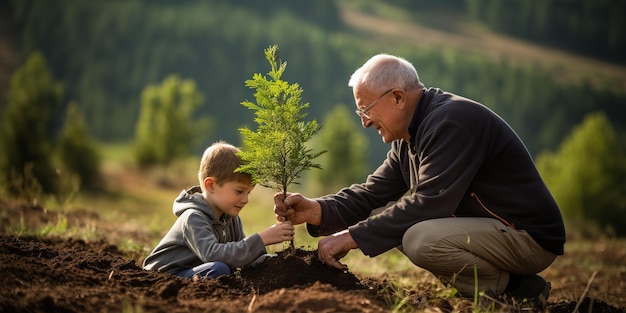 Abuelo y nieto están plantando un árbol en un día despejado