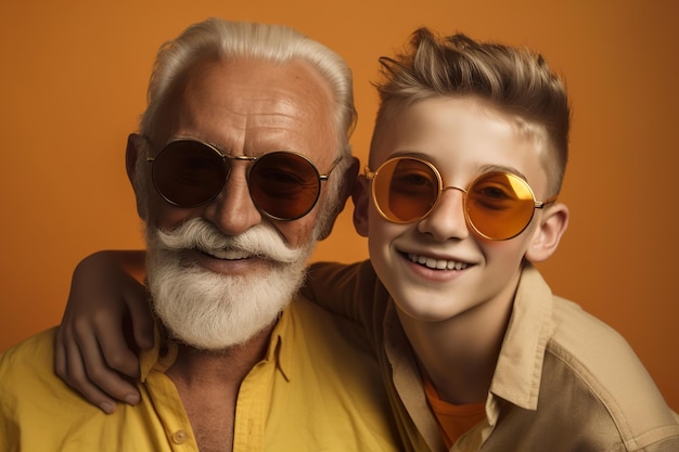 Abuelo y nieto felices Senior positivo con nieto Familia multigeneracional Personas sonrientes Jubilación feliz Envejecimiento positivo buen humor Senior senior Cool Retrato de cerca IA generativa