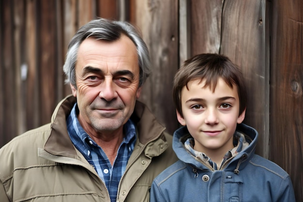 Abuelo y nieto frente a una casa de madera al aire libre