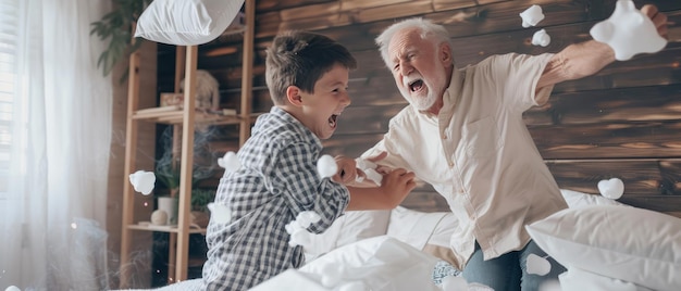 Foto el abuelo y el nieto se involucran en una hilarante pelea de almohadas en la cama.