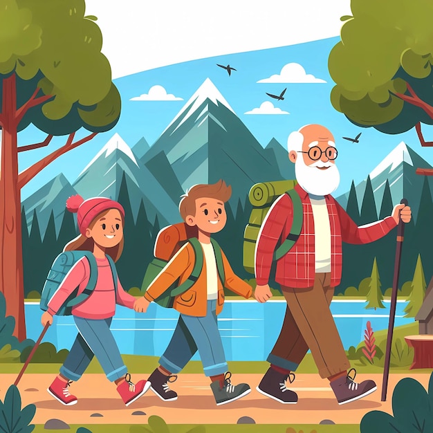 El abuelo y los nietos están de excursión en el bosque.