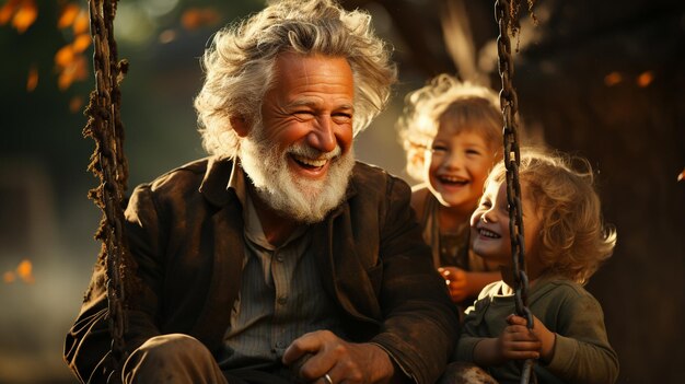 abuelo y nietos jugando en el bosque