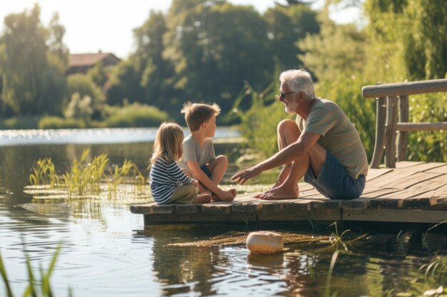 Abuelo con nietos sentados en un muelle de madera junto al lago