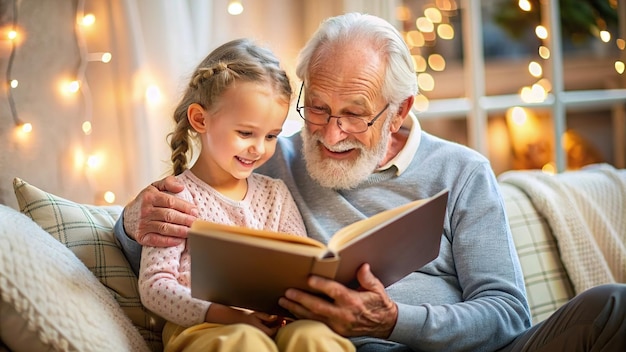 El abuelo y la niña leyendo un libro felices juntos en casa.