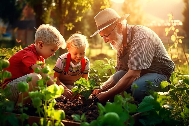 El abuelo con el niño y la niña están ocupados en la plantación de plantas y verduras en el