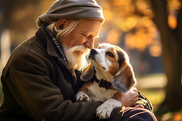 Abuelo con perro en el parque de otoño 1