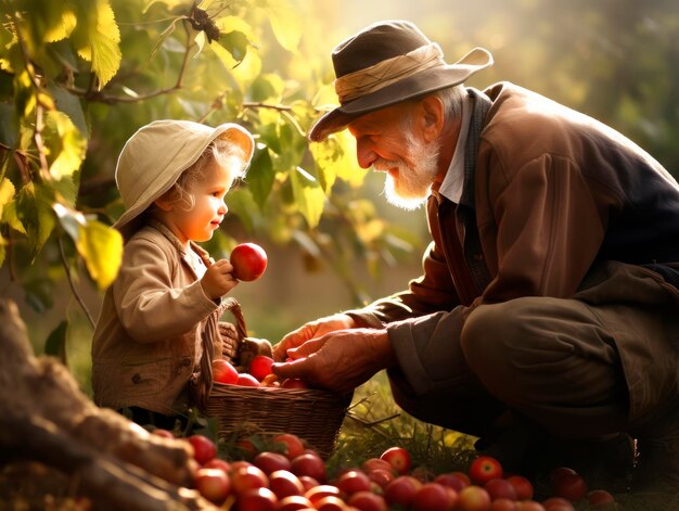 abuelo recogiendo manzanas con su nieto