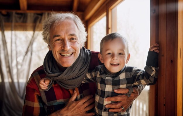 Foto un abuelo está sosteniendo a su nieto.