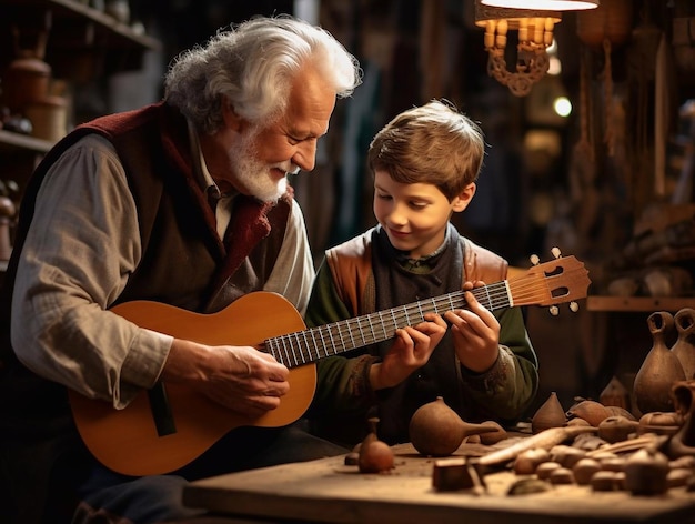 El abuelo tocando la guitarra a su nieto.