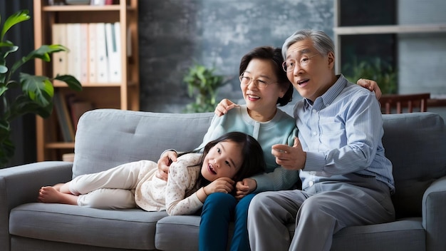 Los abuelos asiáticos ven la televisión con la nieta en casa.