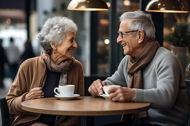 Abuelos bebiendo café en un café al borde de la carretera | Foto Premium