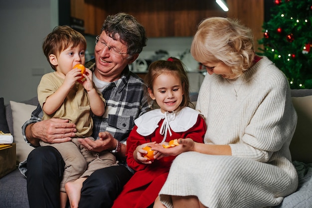 Abuelos cariñosos sentados en un sofá alimentando mandarinas a sus nietos durante la Navidad