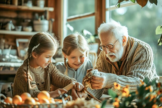 Los abuelos enseñan habilidades o artesanías tradicionales a sus nietos, como el tejido de madera