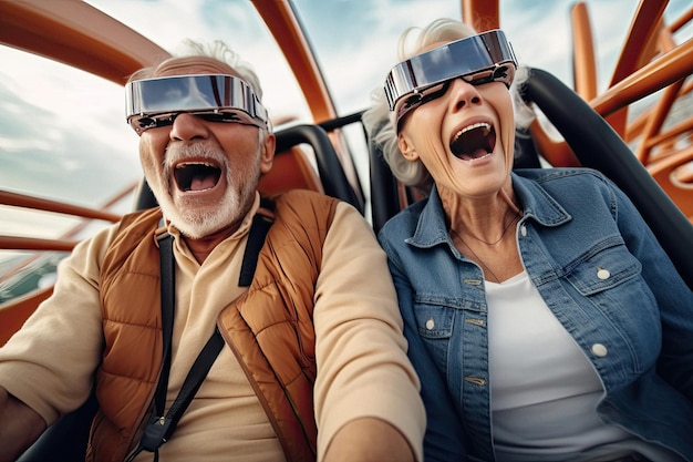 Abuelos con gafas de realidad virtual para entretenimiento de juegos creados con IA generativa