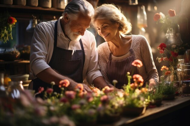 Abuelos jubilados cocinando juntos