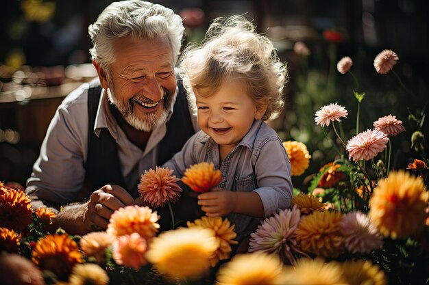 Los abuelos juegan con los nietos en un jardín soleado