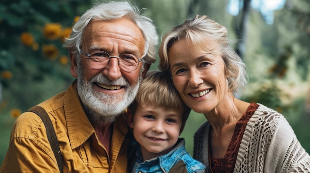 Los abuelos con el nieto disfrutando de un día en la naturaleza