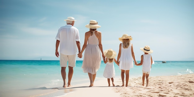 Abuelos y nietos caminando en la playa soleada