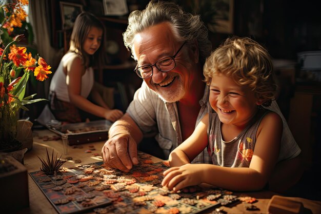 Los abuelos y los nietos comparten risas en juegos de mesa soleados, IA generativa