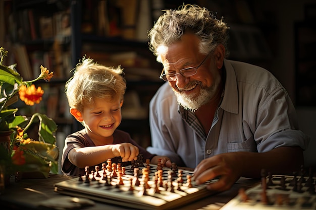 Abuelos y nietos divirtiéndose con juegos destacados de vínculos intergeneracionales IA generativa