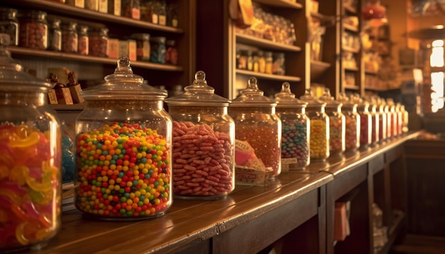 Abundancia de alimentos dulces en frascos multicolores generados por IA