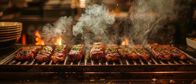 Abundância de comida cozinhando em uma grelha