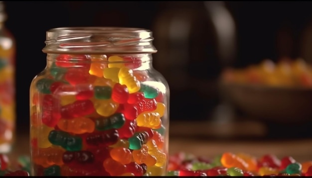 Abundância de doces coloridos em jarras grandes geradas por IA